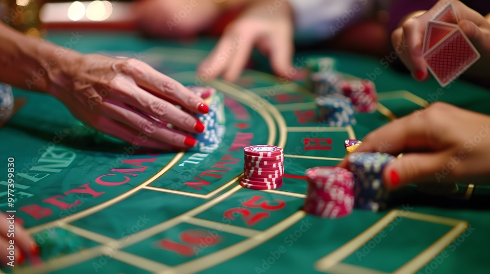 Placing Chips on Baccarat Table: Hands placing chips on a baccarat table, cards dealt and bets being placed.
Placing Chips on Baccarat Table: Hands placing chips on a baccarat table, cards dealt and bets being placed.