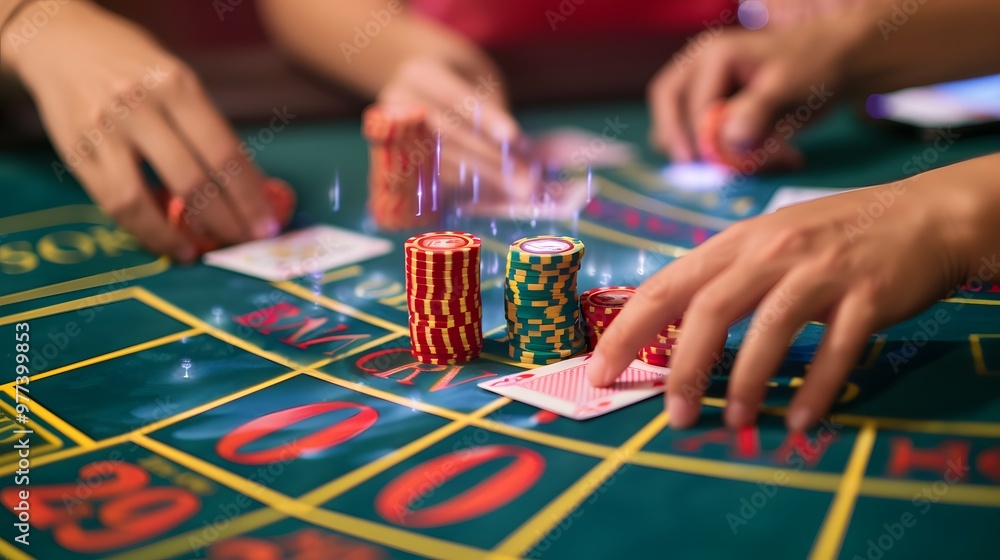 Placing Chips on Baccarat Table: Hands placing chips on a baccarat table, cards dealt and bets being placed.
Placing Chips on Baccarat Table: Hands placing chips on a baccarat table, cards dealt and bets being placed.