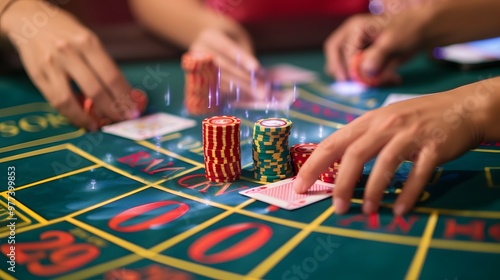 Placing Chips on Baccarat Table: Hands placing chips on a baccarat table, cards dealt and bets being placed.
