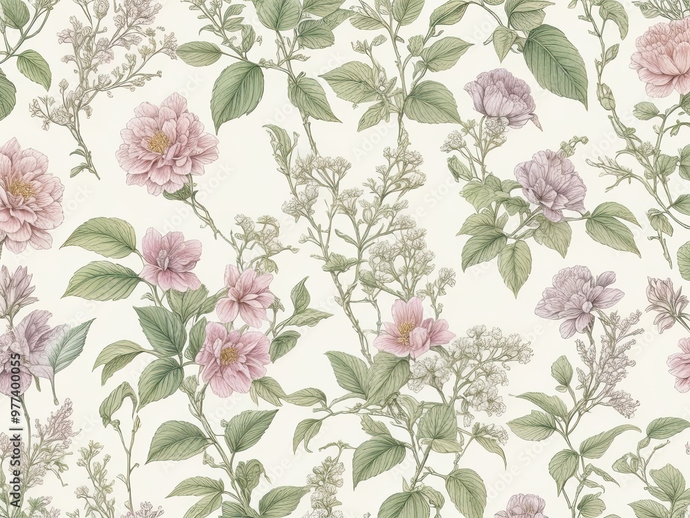 background with a seamless pattern that showcases a selection of old botanical drawings with softly colored flowers and leaves. background with a seamless pattern that showcases a selection of old botanical drawings with softly colored flowers and leaves.