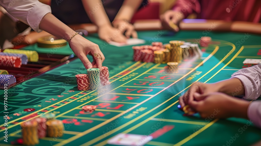 Placing Chips on Baccarat Table: Hands placing chips on a baccarat table, cards dealt and bets being placed.
Placing Chips on Baccarat Table: Hands placing chips on a baccarat table, cards dealt and bets being placed.