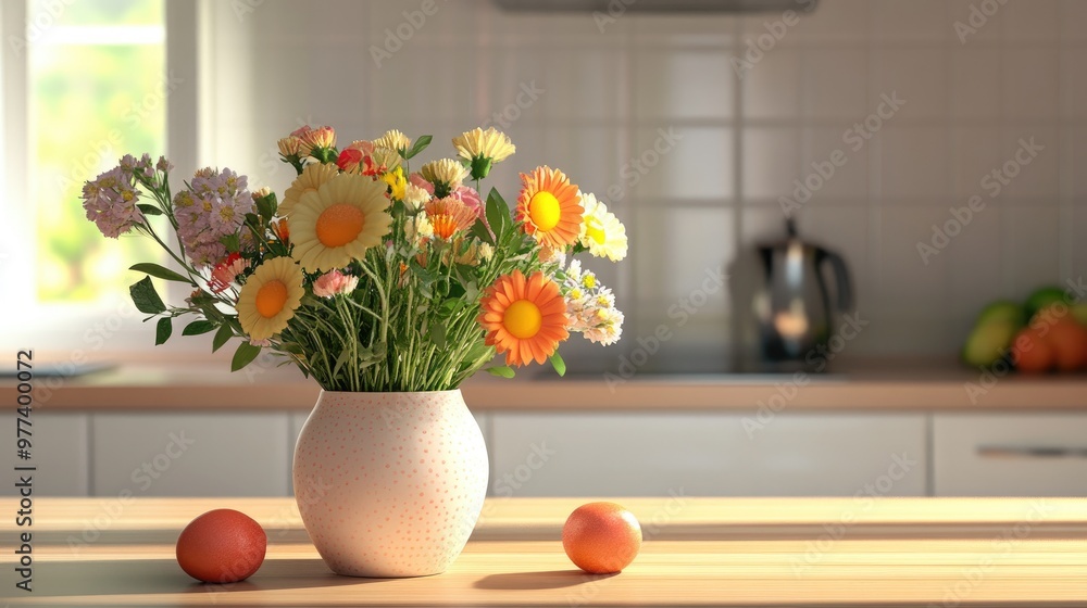 A vase of flowers on a kitchen table, adding a touch of color A vase of flowers on a kitchen table, adding a touch of color