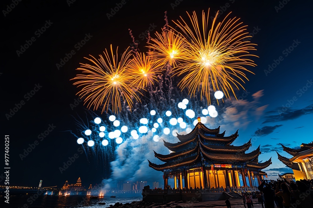 Fototapeta premium A grand fireworks display above a Chinese temple, filling the sky with brilliant colors and smoke