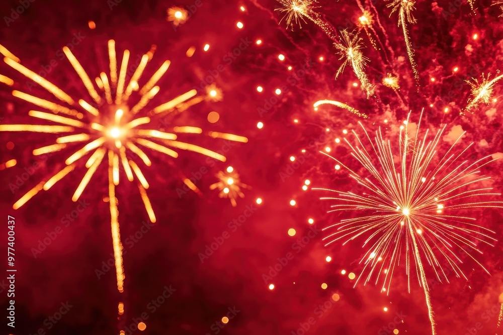 Fototapeta premium Stunning fireworks display on a red horizon, commemorating the lunar new year joy
