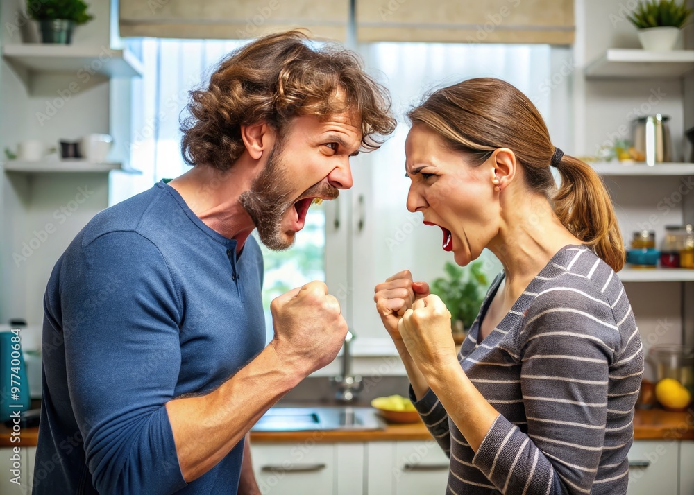 A dramatic and intense confrontation unfolds as two individuals, faces distorted in anger, stand nose-to-nose, fists clenched, amidst a tumultuous and disordered domestic background. A dramatic and intense confrontation unfolds as two individuals, faces distorted in anger, stand nose-to-nose, fists clenched, amidst a tumultuous and disordered domestic background.