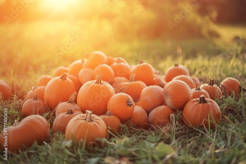 Autumn harvest of pumpkins in a farm field during sunset with soft golden light