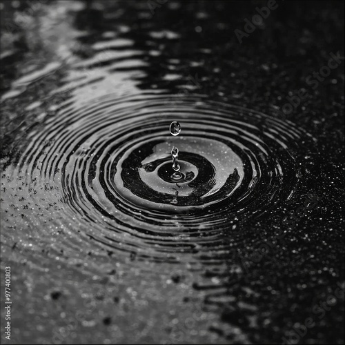 Raindrops forming circular ripples on a puddled surface in a monochromatic setting