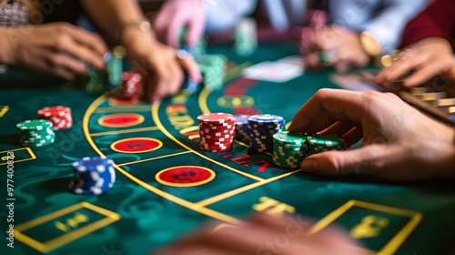 Placing Chips on Baccarat Table: Hands placing chips on a baccarat table, cards dealt and bets being placed.
