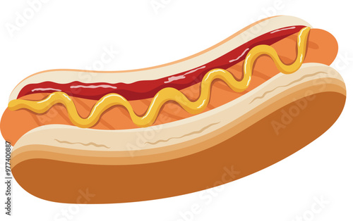 Hot Dog with Grill Sausage, Ketchup and Mustard Illustration Isolated on White Background