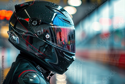 Vision of Determination: Black Helmet Visor Reflecting Geometric Racetrack ahead with Intense Focus photo