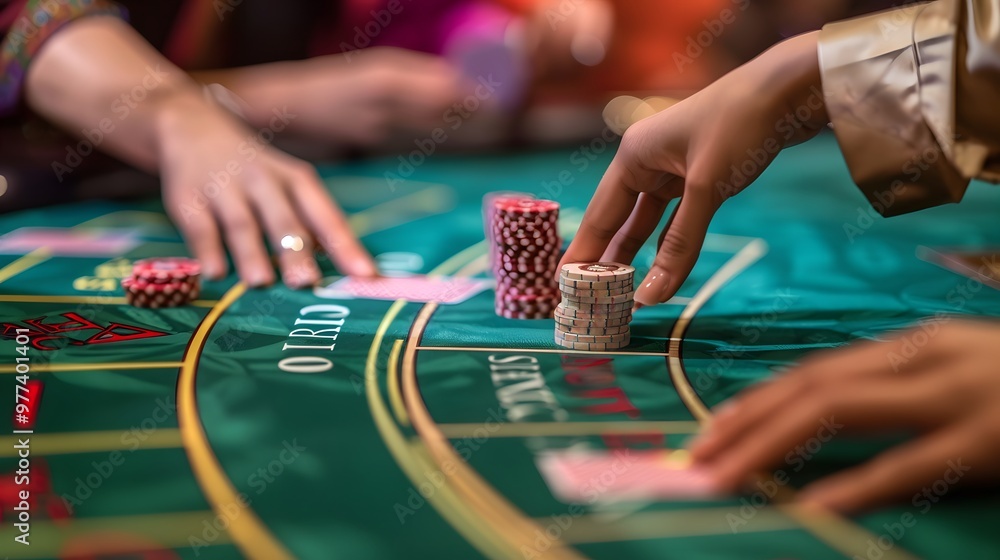 Placing Chips on Baccarat Table: Hands placing chips on a baccarat table, cards dealt and bets being placed.
Placing Chips on Baccarat Table: Hands placing chips on a baccarat table, cards dealt and bets being placed.