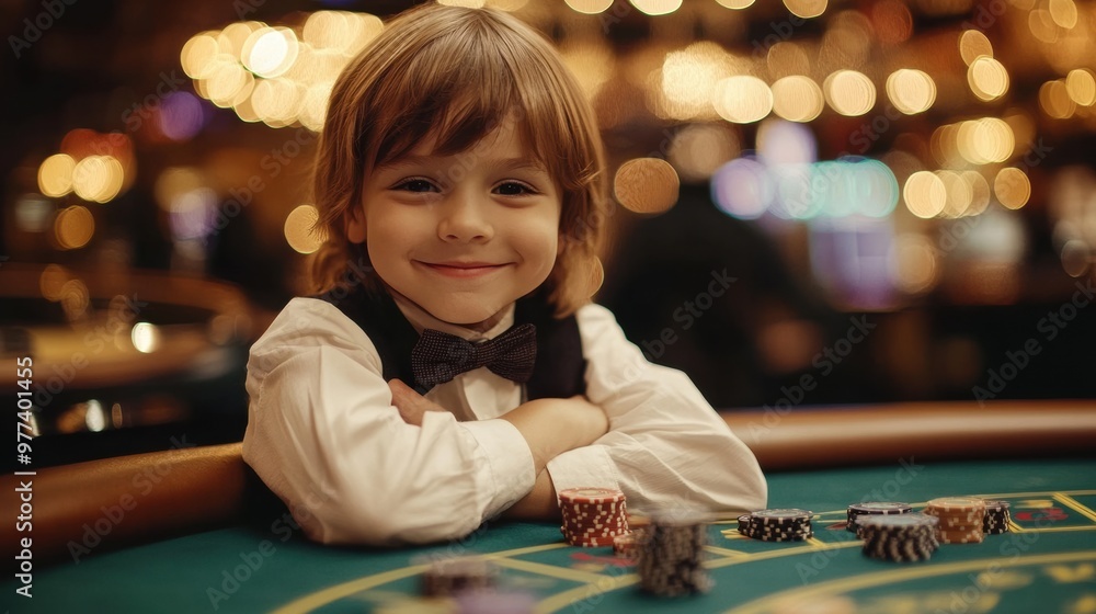 A young boy in a bow tie smiling at a casino table during the night A young boy in a bow tie smiling at a casino table during the night