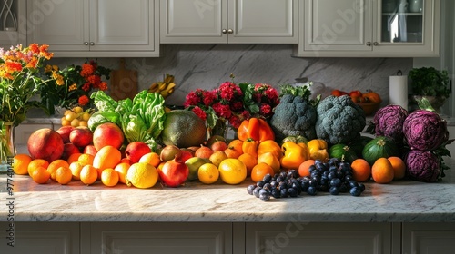 Colorful fruits and vegetables arranged on a kitchen island