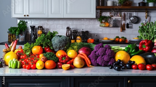Colorful fruits and vegetables arranged on a kitchen island