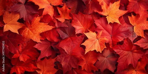 Vibrant red and orange maple leaves blanket the ground in a stunning autumn display