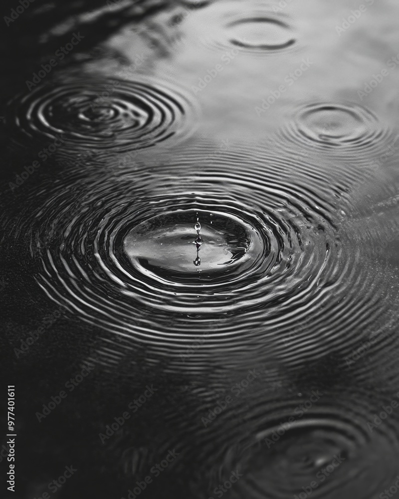 Ripples created by raindrops on water surface in black-and-white with intricate patterns Ripples created by raindrops on water surface in black-and-white with intricate patterns