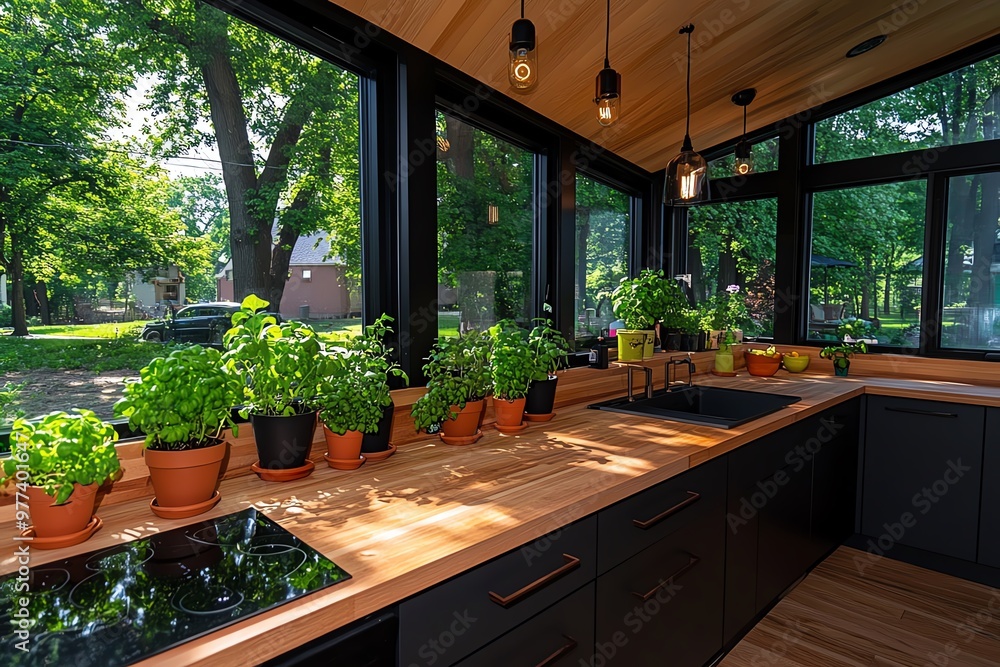 A kitchen with sustainable materials, featuring wooden countertops, potted herbs, and large windows to let in natural light A kitchen with sustainable materials, featuring wooden countertops, potted herbs, and large windows to let in natural light