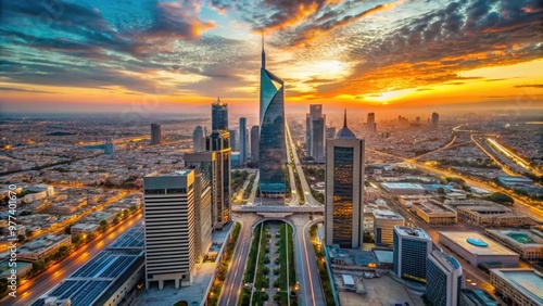 Aerial view of Riyadh's financial district at sunset, featuring sleek skyscrapers, busy streets, and modern infrastructure, symbolizing Saudi Arabia's thriving economy and business hub. photo