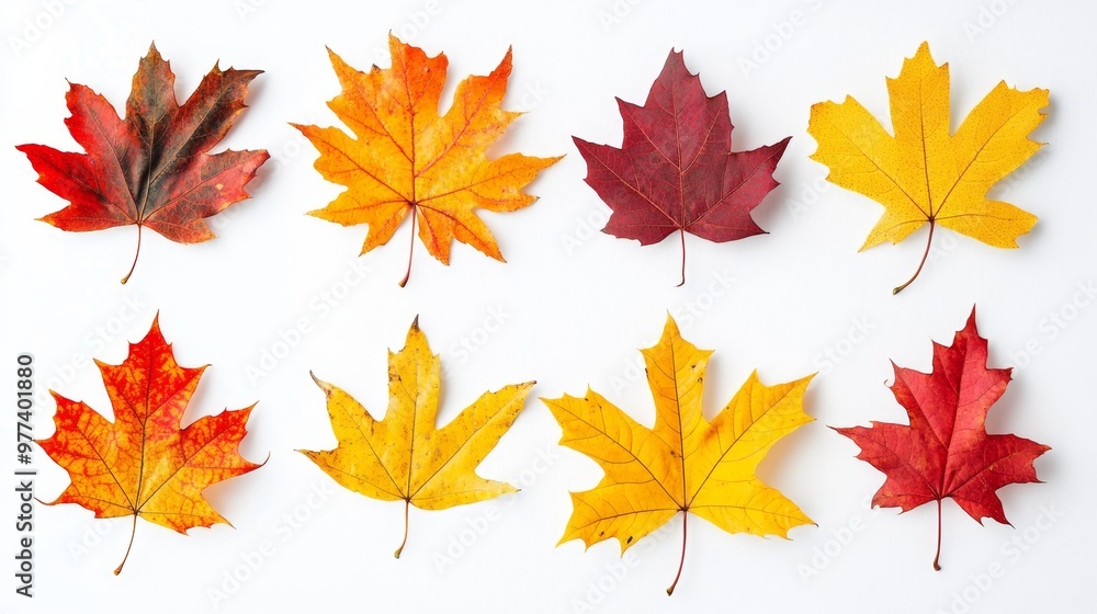 Colorful autumn leaves in vibrant yellow, red, and orange shades arranged on a white background Colorful autumn leaves in vibrant yellow, red, and orange shades arranged on a white background