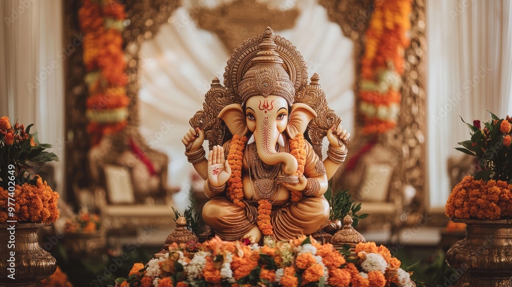 Fototapeta premium Ganesha idol with a backdrop of a traditional Indian wedding