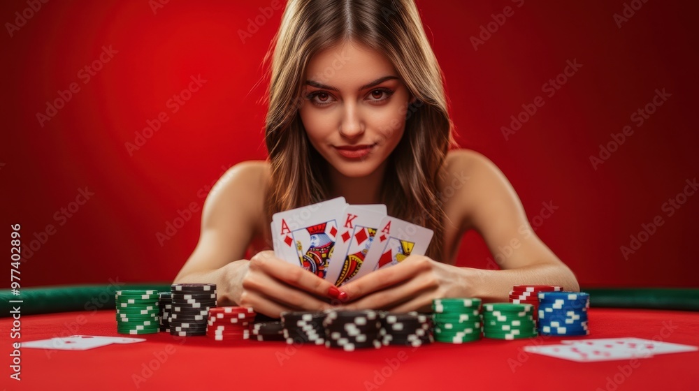A confident woman plays poker with cards and chips at a vibrant table A confident woman plays poker with cards and chips at a vibrant table