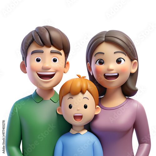 3D animated family of three, a man, a woman, and a boy, all smiling