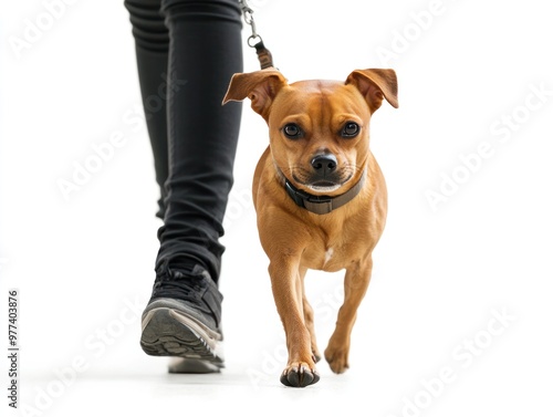 Dog walking with owner, isolated on white background, focusing on urban dog lifestyle and pet care photo