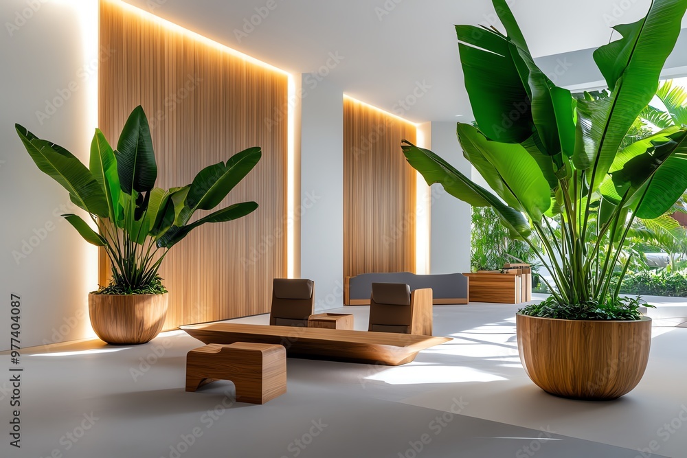 Fototapeta premium A minimalist office space with large potted plants, wooden furniture, and soft lighting that mimics the natural outdoors