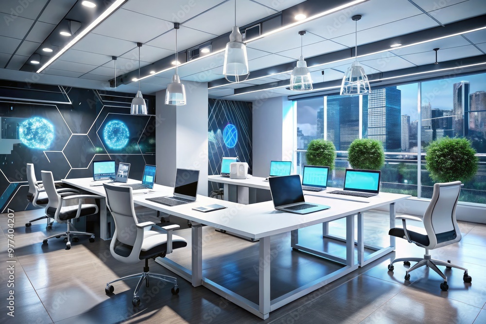 A futuristic-themed office with sleek desks, laptops, and diagrams on whiteboards, illuminating the collaboration between innovative experts in a cutting-edge technical consulting firm. A futuristic-themed office with sleek desks, laptops, and diagrams on whiteboards, illuminating the collaboration between innovative experts in a cutting-edge technical consulting firm.
