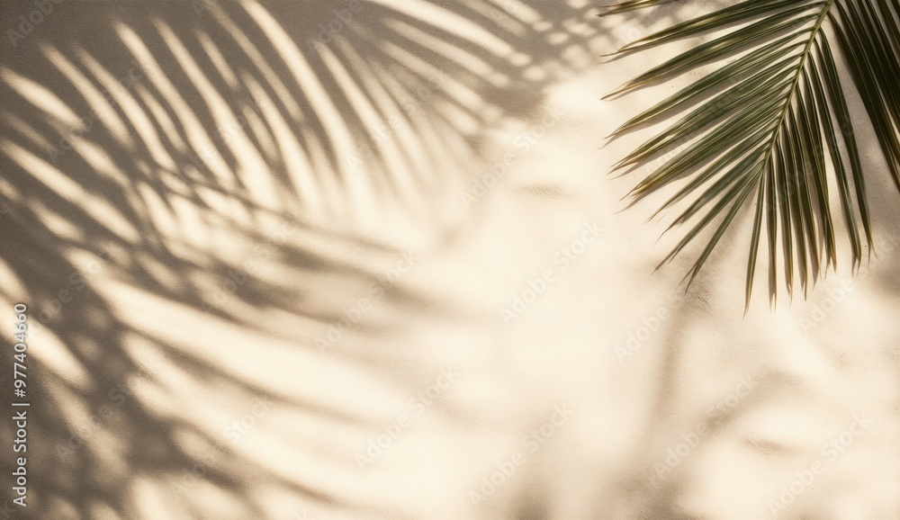 Obraz premium Palm leaves casting shadow on beige background for summer composition
