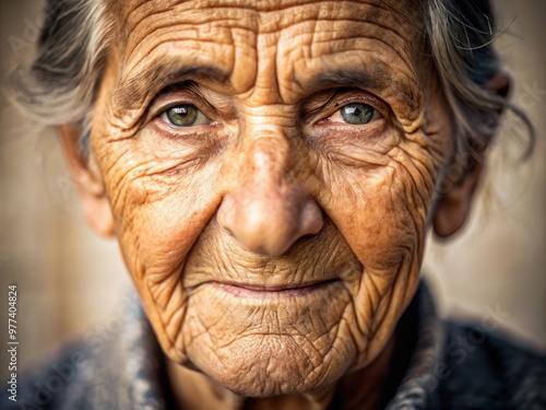 A gentle, worn face with deep wrinkles and age spots, conveying wisdom and character, set against a soft, warm background with subtle natural light.