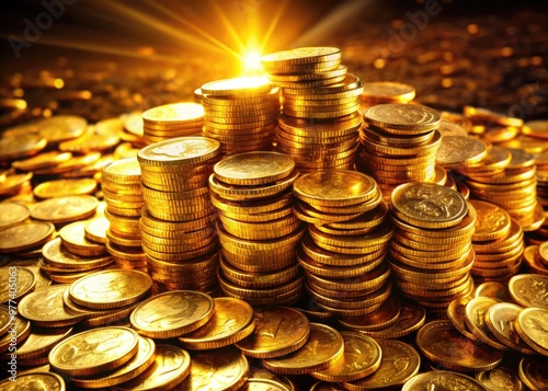 A golden treasure trove of various denominations of coins stacked high in a plentiful pile, glinting in the light with a sense of prosperity and wealth.