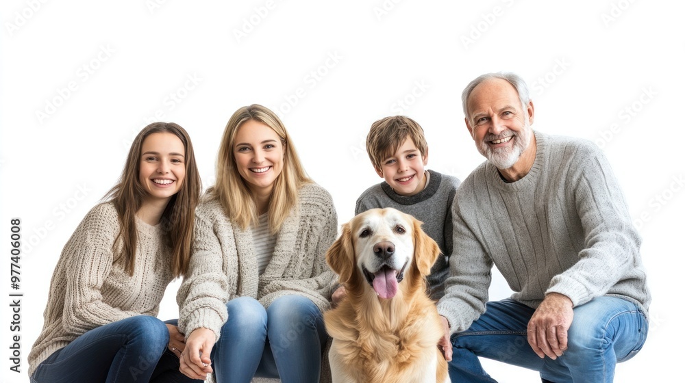 Family dog sitting calmly next to family members on white background, isolate Family dog sitting calmly next to family members on white background, isolate