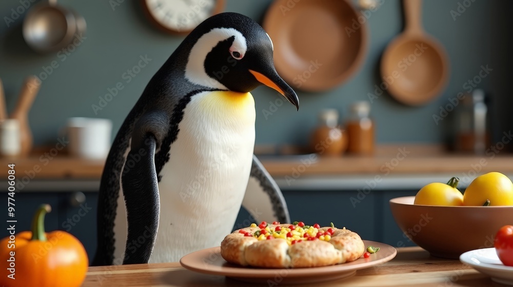 Fototapeta premium Realistic Kitchen Scene with Gentoo Penguin Chef