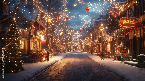 festive winter wonderland street showcasing beautiful Christmas decorations and twinkling lights, perfect for evening strolls and holiday gatherings