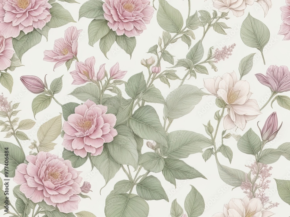 background with a seamless pattern that showcases a selection of old botanical drawings with softly colored flowers and leaves. background with a seamless pattern that showcases a selection of old botanical drawings with softly colored flowers and leaves.