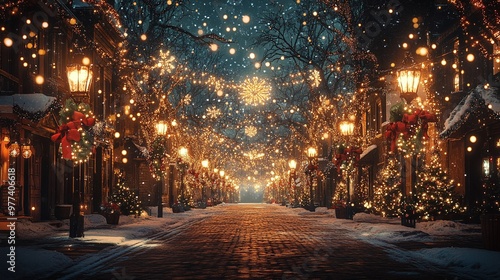 enchanting winter wonderland street featuring beautiful Christmas decorations and sparkling lights, perfect for celebrating the festive season