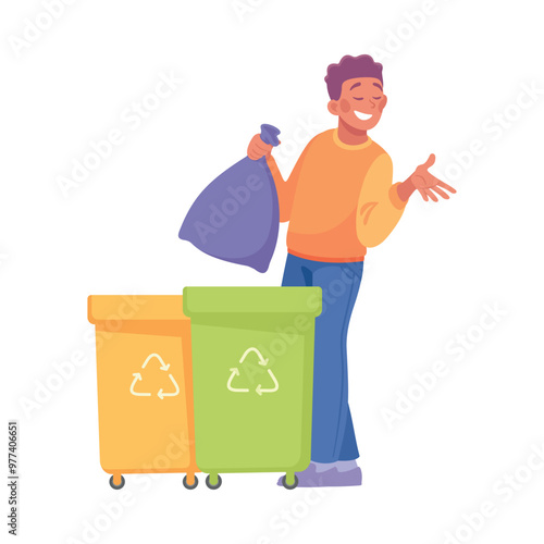 Happy Man Character Gather Garbage Saving Planet Vector Illustration