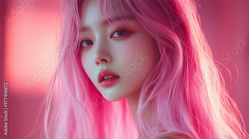 Portrait of a Korean girl in pink hair on pink background 