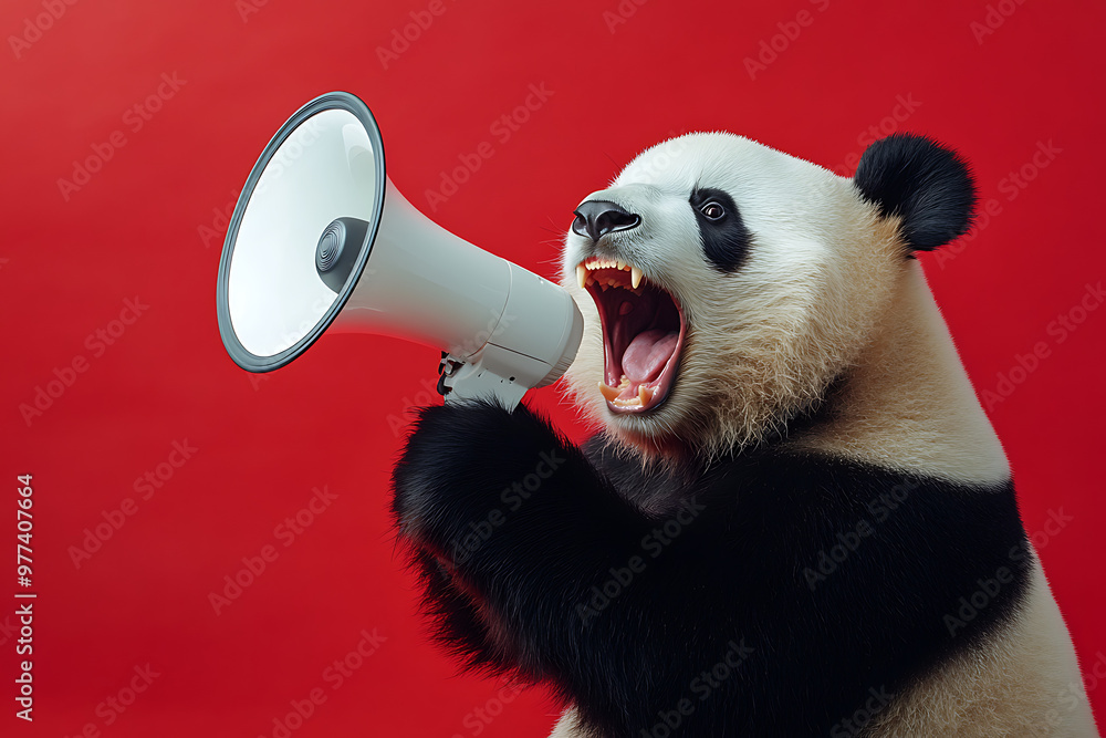 Fototapeta premium A panda holding a megaphone, seemingly shouting, with a vibrant red background.