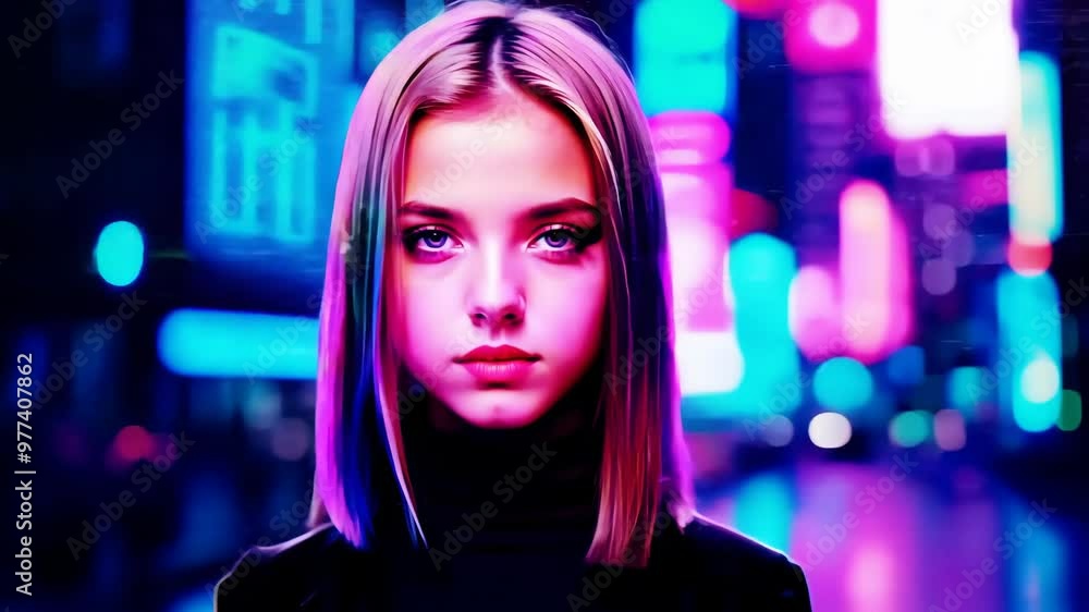 Serious Girl in Neon City at Night
Serious Girl in Neon City at Night