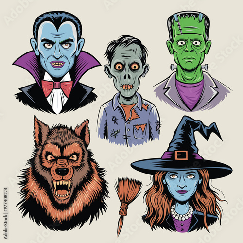 Halloween Party Costume Character Set hand drawn