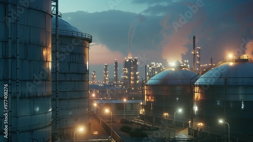 Oil refinery with huge tanks in the industry, incredible details and complex,