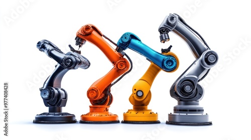 Programming collaborative robots for factory automation, isolated on white background, focusing on CNC and robotics photo