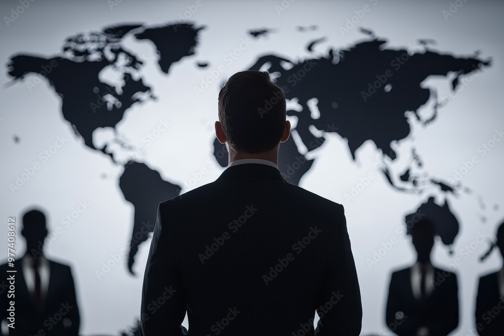 Ecosystem leader standing before a world map, shadows blocking profiles of the team, global impact, sustainable leadership Ecosystem leader standing before a world map, shadows blocking profiles of the team, global impact, sustainable leadership