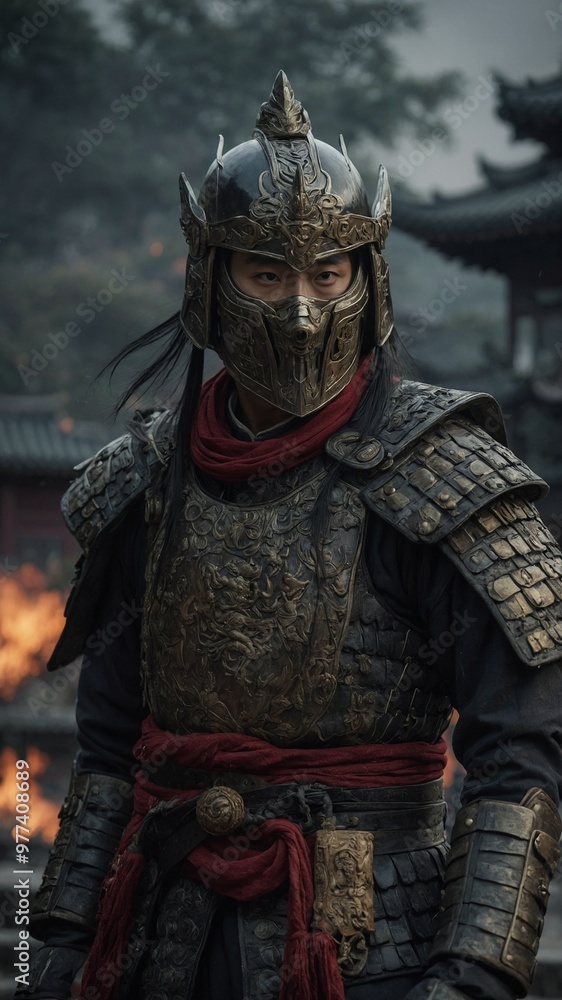 Middle-aged asian man with long beard wearing dark green armored suit, red scarf, and metal helmet with face mask, standing in dark and gloomy environment with fire in background Middle-aged asian man with long beard wearing dark green armored suit, red scarf, and metal helmet with face mask, standing in dark and gloomy environment with fire in background