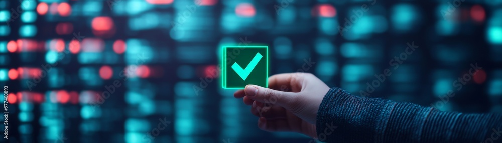 A hand holding a glowing green checkmark symbol against a futuristic digital background, representing confirmation and approval. A hand holding a glowing green checkmark symbol against a futuristic digital background, representing confirmation and approval.