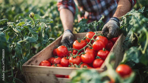 Farmer puts ripe tomatoes to wooden crate