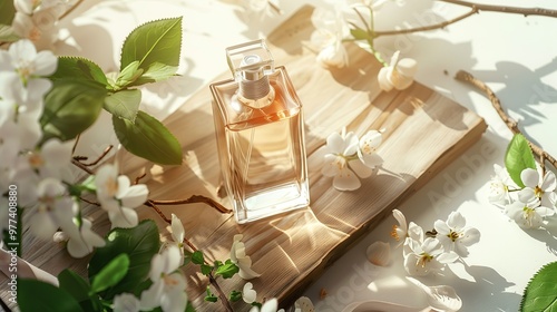 A luxurious perfume bottle, surrounded by white flowers and green leaves, light beige color, soft light, delicate details to present the fragrance through commercial advertising in a commercial advert