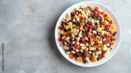 A mix of dried fruits and seeds on a white plate, leaving ample space for text on a neutral background.